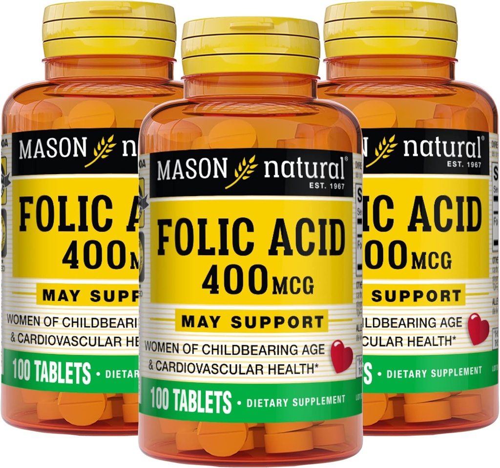 Mason Natural Folic Acid 400 mcg, Daily Supplement for Health, Mood and Prenatal Care, for Women of Childbourne Age, 100 Tablets (Pack of 3)