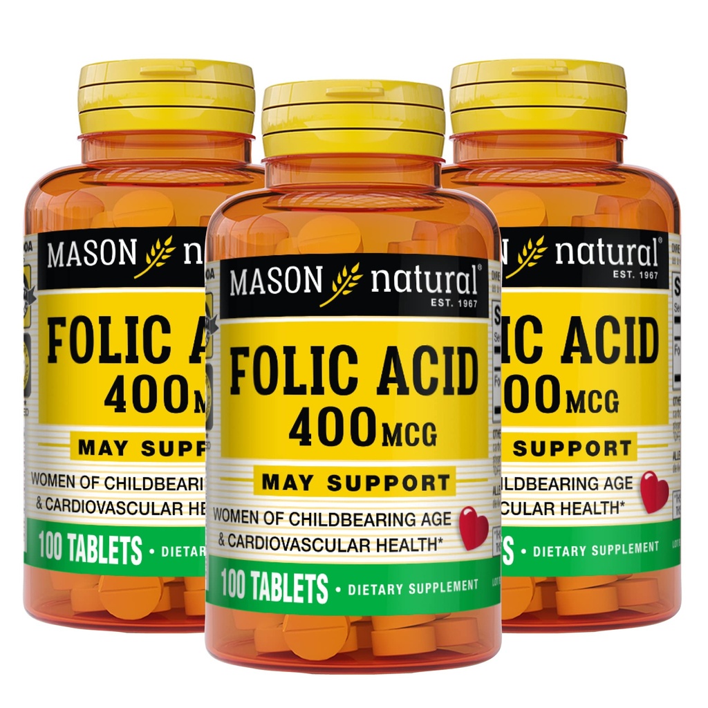 Mason Natural Folic Acid 400 mcg, Daily Supplement for Health, Mood and Prenatal Care, for Women of Childbourne Age, 100 Tablets (Pack of 3)