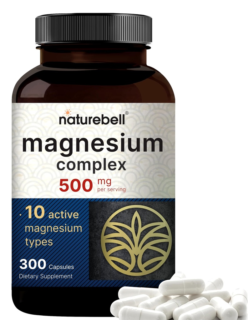 Magnesium Complex 500 mg, 300 kapsler; 124; 10- in-1 Magnesiumglycinat, citrat, malat & mere; 124; Chelated Form for Easy Absorption 124; Knogler, Hjerte & Muskelstøtte *