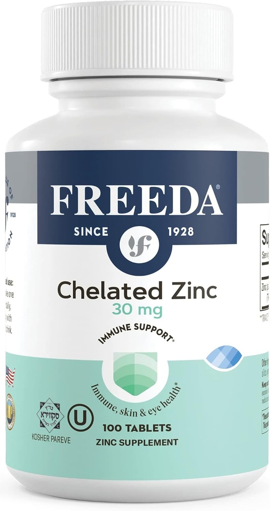 Freeda Chelated Zink 30mg - TRAACS ® Zink Bisglycinate til høj absorption - Vegan, Kosher, Gentle på Mave - immunforsvar for voksne, mænd og kvinder - 100 små tabletter
