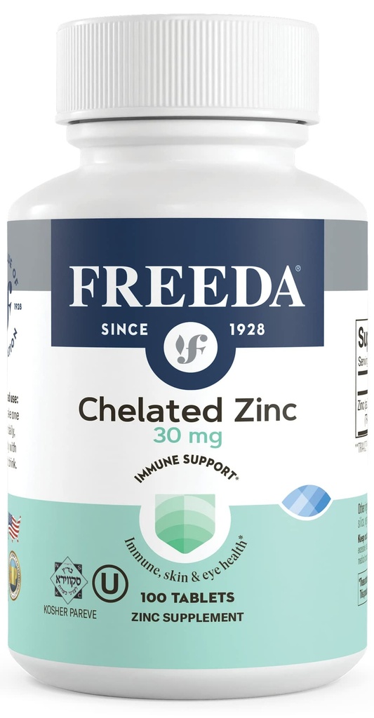 Freeda Chelated Zink 30mg - TRAACS ® Zink Bisglycinate til høj absorption - Vegan, Kosher, Gentle på Mave - immunforsvar for voksne, mænd og kvinder - 100 små tabletter
