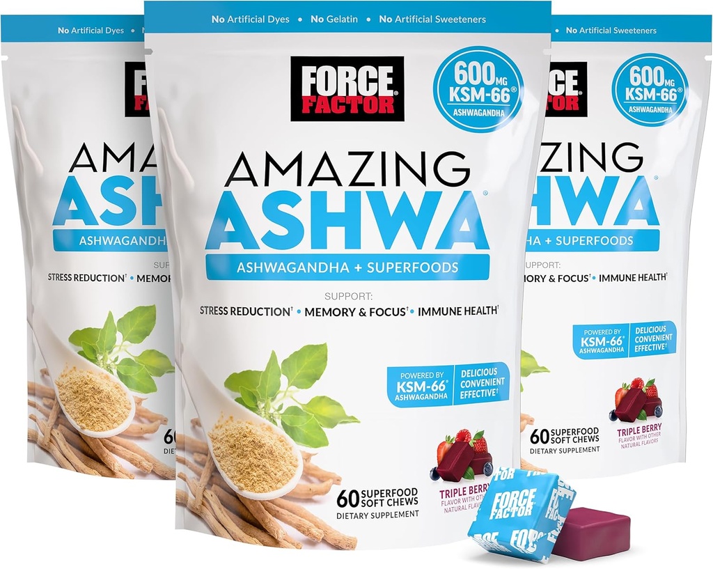 FORCE FACTOR Amazing Ashwa til stress Relief, hukommelse, fokus og immunforsvar sundhed, Ashwaganda tillæg med KSM- 66 Ashwagandha til stress, 180 bløde tygger