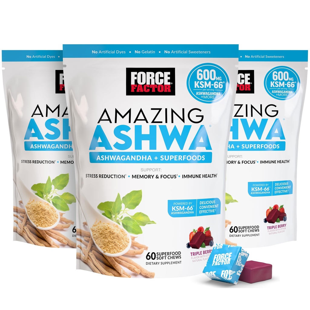 FORCE FACTOR Amazing Ashwa til stress Relief, hukommelse, fokus og immunforsvar sundhed, Ashwaganda tillæg med KSM- 66 Ashwagandha til stress, 180 bløde tygger