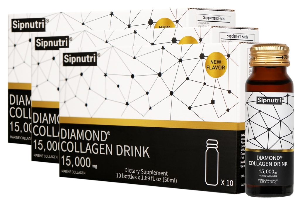 Diamond Liquid Collagen Drink for Women & Men, 15000 mg Hydrolyzed Marine Collagen Peptides with Vitamin C, Pomegranate, Hair Skin Nails Joints Bones Support, 50 ml x 30 Bottles