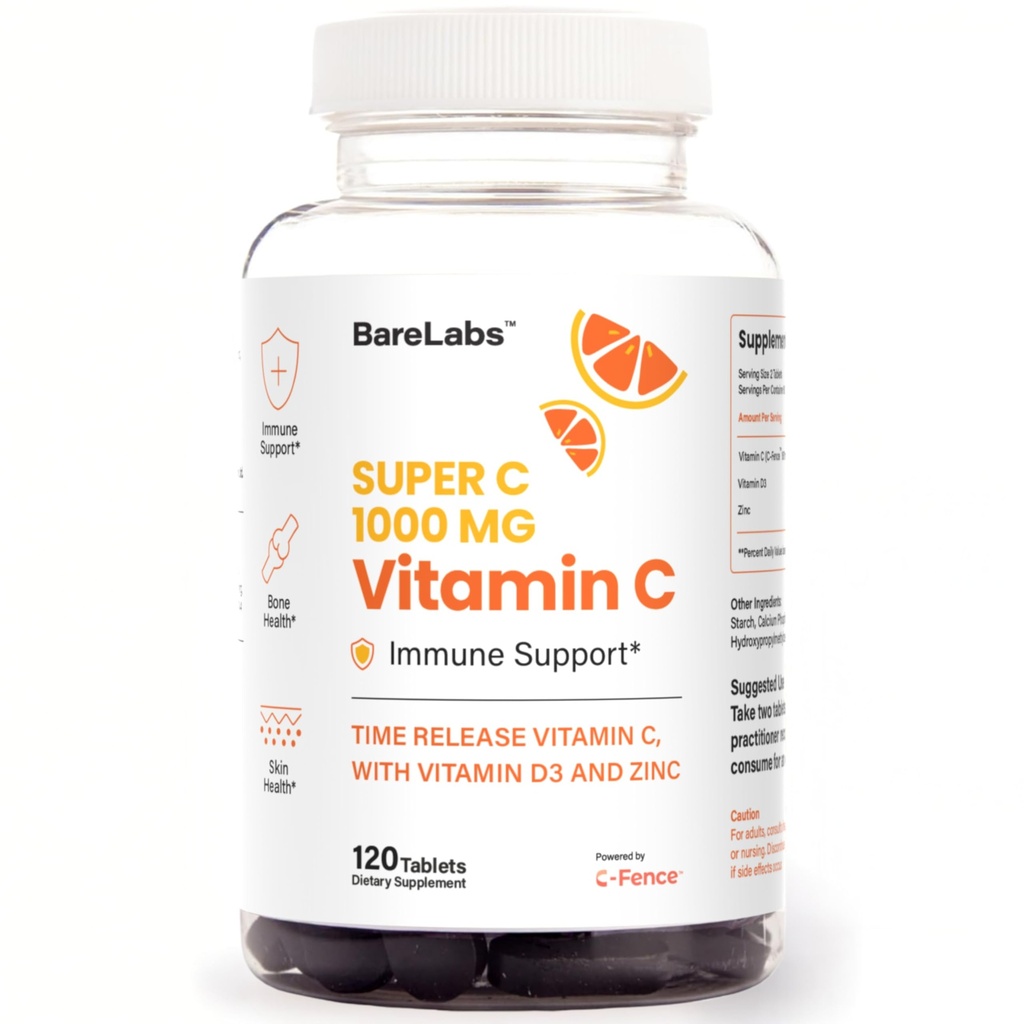 Time Release Vitamin C 1000 mg + Vitamin D3 1000 IU + Zinc 30 mg | Immune Support & Collagen Boost | Non-GMO, All-Day Antioxidant | 120 Tablets Super C