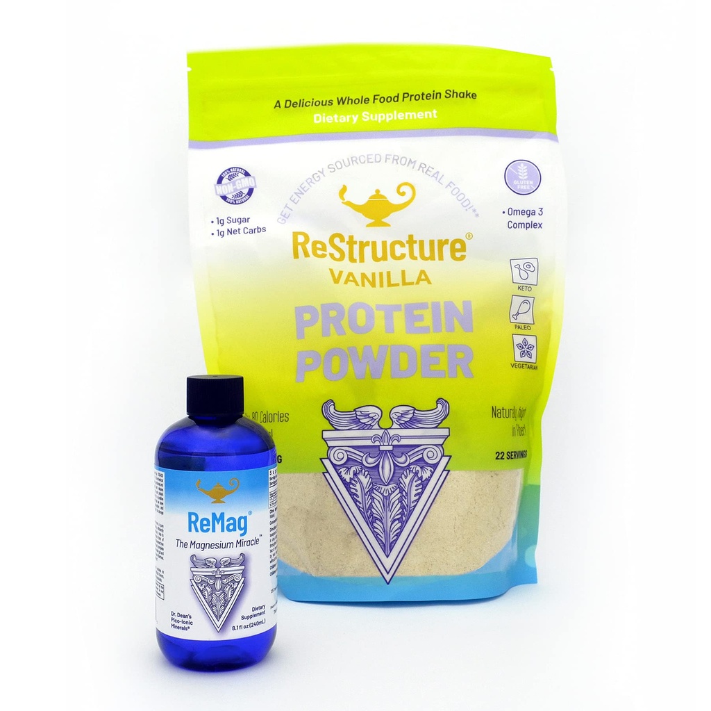 RnA ReSet Performance Bundle – ReMag Liquid Magnesium 8.1oz & ReStructure Vanilla Whey Protein 594g, Muscle Recovery & Fitness Support (2 Formulas)