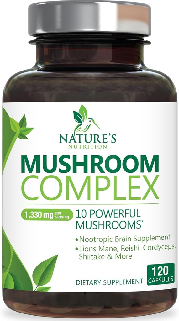 Mushroom Brain Supplement 1330 mg - 10 i 1 høj styrke Mushroom Kompleks med Lions Mane, Tyrkiet Tail, Reishi, Cordyceps, Chaga & Brain Nootrop Complex til hukommelse og fokus support - 120 kapsler