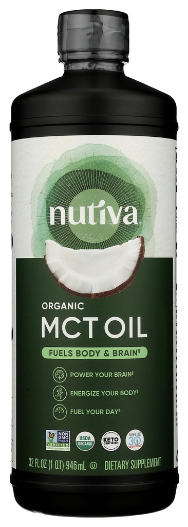 Nutiva Organic MCT Olie, Uden smag, 32 Oz, USDA Organic, Non- GMO, Non- BPA, Hele 30 Godkendt, Vegan, Gluten- Free & Keto, 14g MCT per Servering & Neutral Flavor for Energy Boost til kaffe, shakes og salater