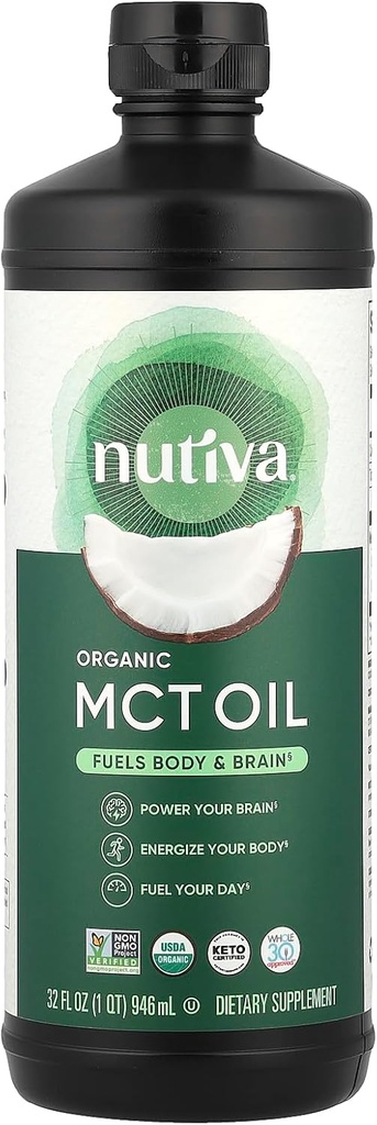 Nutiva Organic MCT Olie, Uden smag, 32 Oz, USDA Organic, Non- GMO, Non- BPA, Hele 30 Godkendt, Vegan, Gluten- Free & Keto, 14g MCT per Servering & Neutral Flavor for Energy Boost til kaffe, shakes og salater