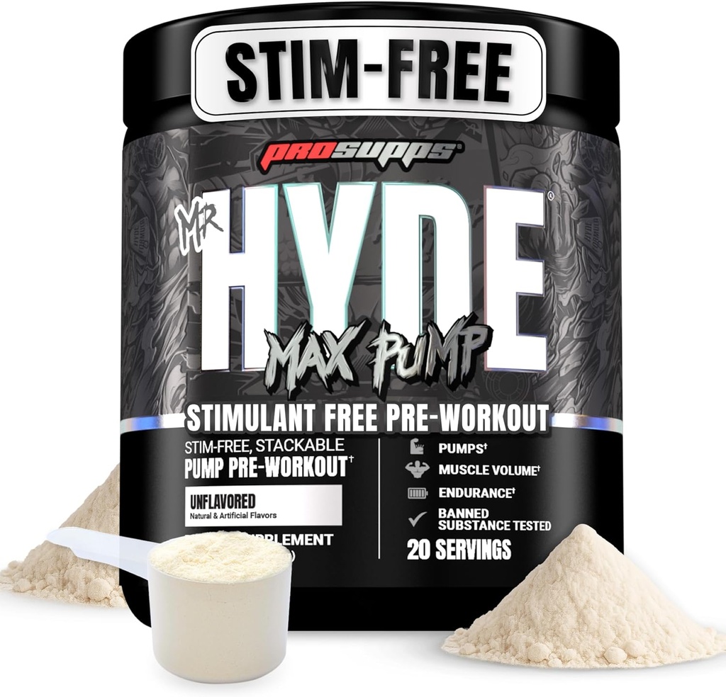 PROSUPPS Mr. Hyde Max Pump Pre Workout Powder - Stim- Free Preworkout Understøtter blodgennemstrømning, Muskel Volume & Endurance - Coffeine- Free Nitro Oxide Gym & Fitness Kosttilskud (Unflavored, 20 Servere)