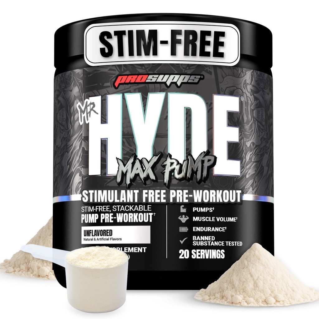 PROSUPPS Mr. Hyde Max Pump Pre Workout Powder - Stim- Free Preworkout Understøtter blodgennemstrømning, Muskel Volume & Endurance - Coffeine- Free Nitro Oxide Gym & Fitness Kosttilskud (Unflavored, 20 Servere)