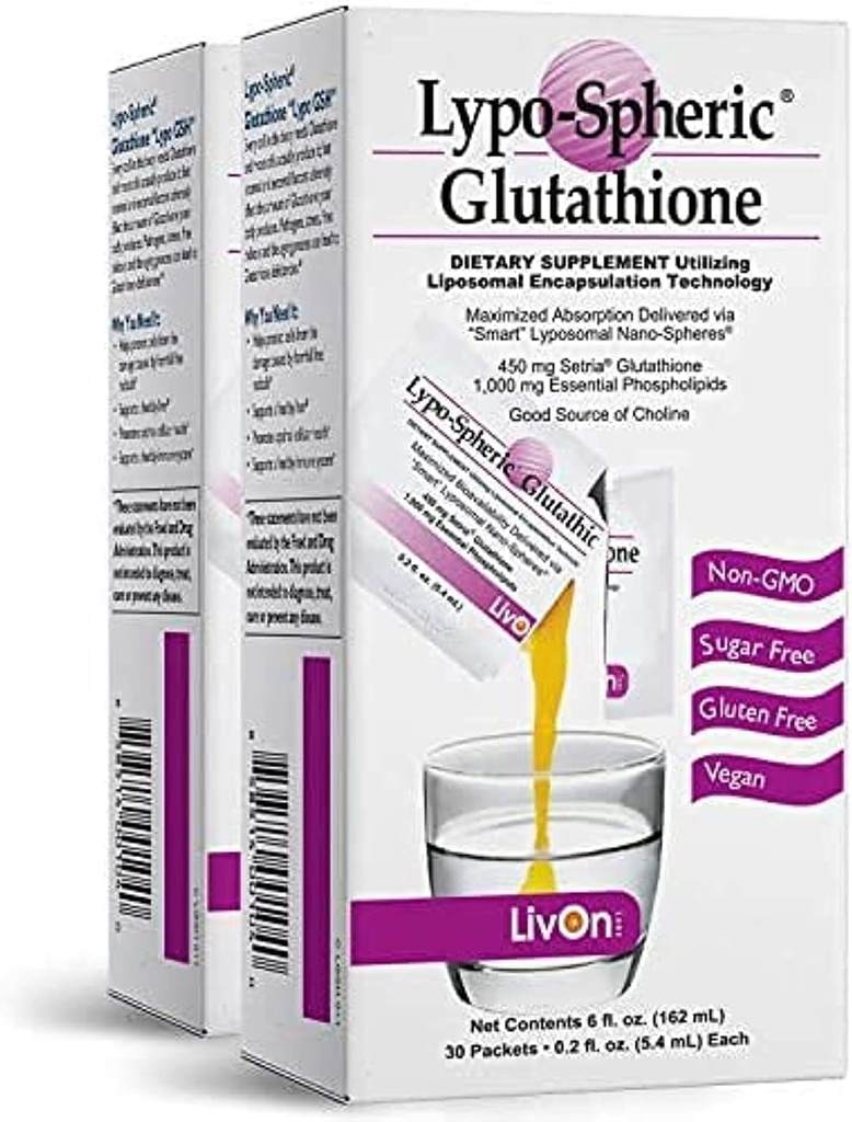 Lypo- Sfærisk Glutathion - 2 kartoner (60 Pakninger) - 450 mg Glutathion Per Packet - Liposome indkapslet for forbedret Absorption- Professionelt formeret, 100% Non- GMO