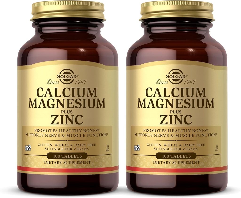 Solgar Calcium Magnesium Plus Zinc, 100 Tablets (Pack of 2) - Promotes Healthy Bones and Teeth - Supports Nerve & Muscle Function - Non-GMO, Vegan, Gluten Free, Dairy Free, Kosher - 66 Total Servings