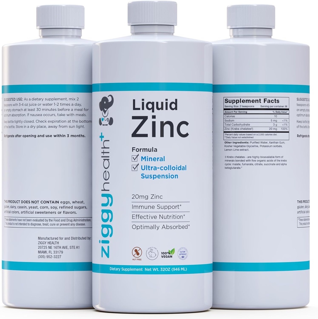 Flydende zink - Daglig immunstøtte Zinksulfat, flydende zink kosttilskud, Detox & hudpleje kosttilskud, Kids & Voksen Vitamin, flydende vitaminer, Zink til børn, Gluten Free, Vegan (32 oz)