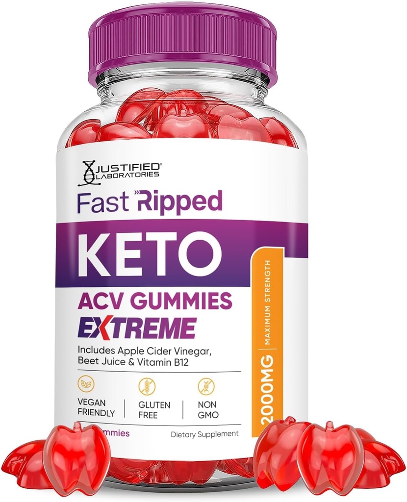 Justified Laboratories Fast Ripped Keto ACV Gummies Extreme 2000MG Fast Ripped Keto Gummies Apple Cider Vinegar Formulated with Pomegranate Beet Juice Powder B12 Vegan Non GMO 60 Gummys