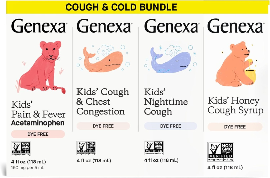 Genexa Kids 'Clean Hough Medicine & Honey Hough Syrup, Pain & Fever Reducer Value 4- Pack, Dye Free, 0% kunstige tilsætningsstoffer, Host Care for Children, Fever & Pain Reliever, 16 fl oz (4 flasker)