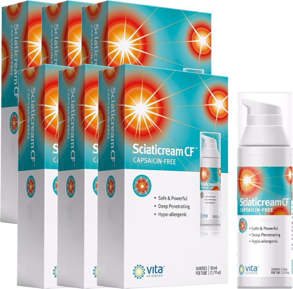 Vita Sciaticream CF: Hurtig lindrende creme til Sciatic Nerve med Arnica, B1, B5, B6, MSM, Aloe og kokosolie Base. Capsaicin- GRATIS. Hurtig fungerende beroligende formel - pakke med 6