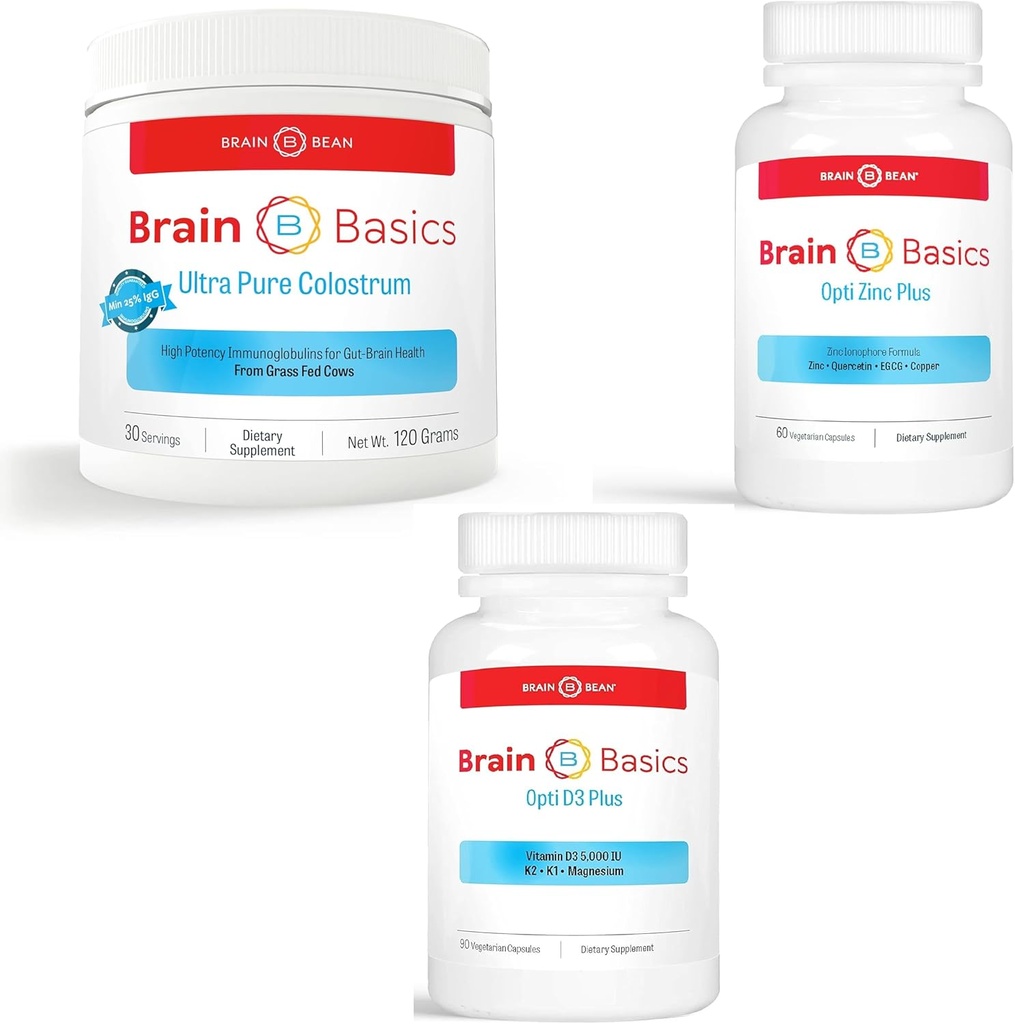 Brain Basics Total Immunity Bundle: Ultra- Pure Colostrum, Opti Zink Plus, & Opti D3 Plus Kosttilskud - Nutritional Support for Brain, Immunsystemet & Gut Health