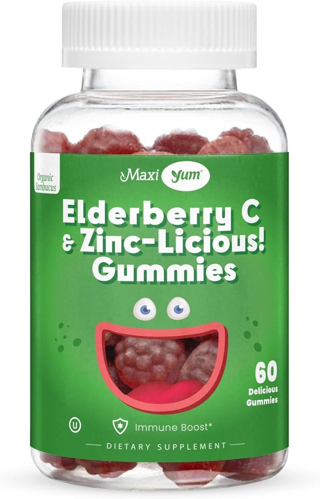 Elderberry Zink Gummies - Økologisk Sambucus Elderberry Gummies med zink og C-vitamin - Vegansk immunforsvar for voksne og børn - Chewable Elderberries Kosttilskud til immunitet Boost - 60 Gummies