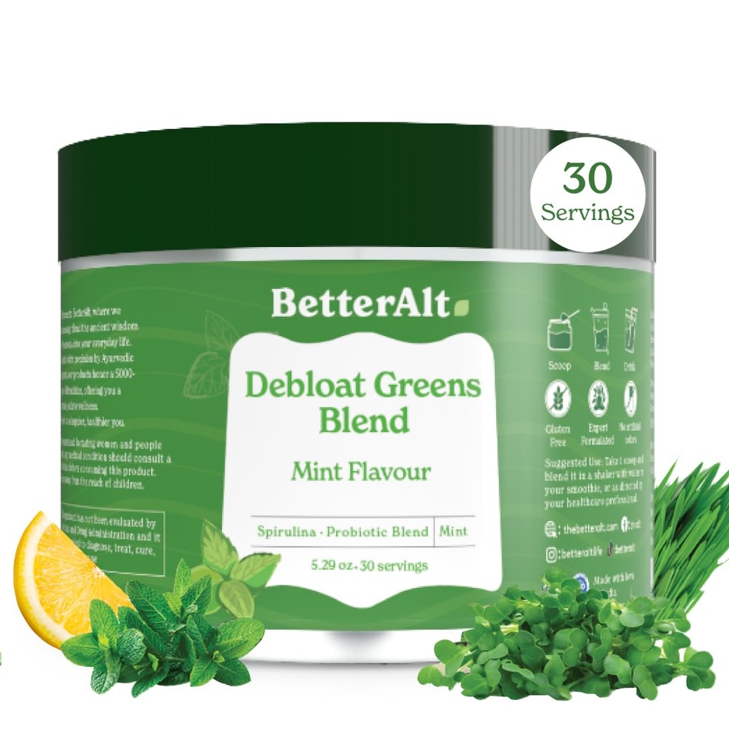 Bedre Alt Green Powder, Detox & Debloat med 15 Super Green Blend of Spirulina, Moringa Powder, Wheatgrass, Pre & Probiotika, pakket med antioxidanter, Mint Flavor, Ingen Maltodextrin, 30 Servere