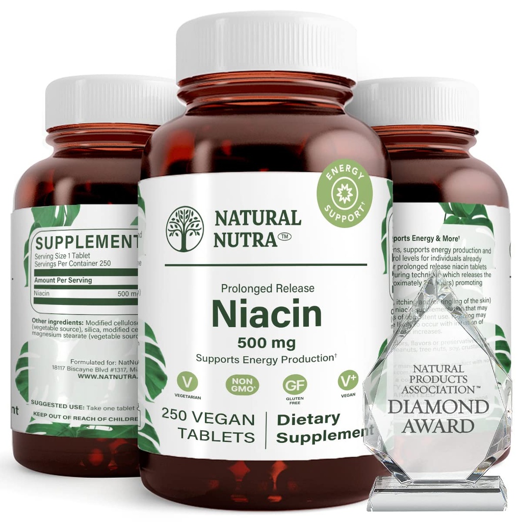 Natural Nutra Time- Release Slow Niacin 500mg (vitamin B3), Support Sund Cholesterol, Promodes Cardiovaskulær Sundhed, Promoderer hudceller og Forbedre kognitiv funktion, 250 Veganske tabletter