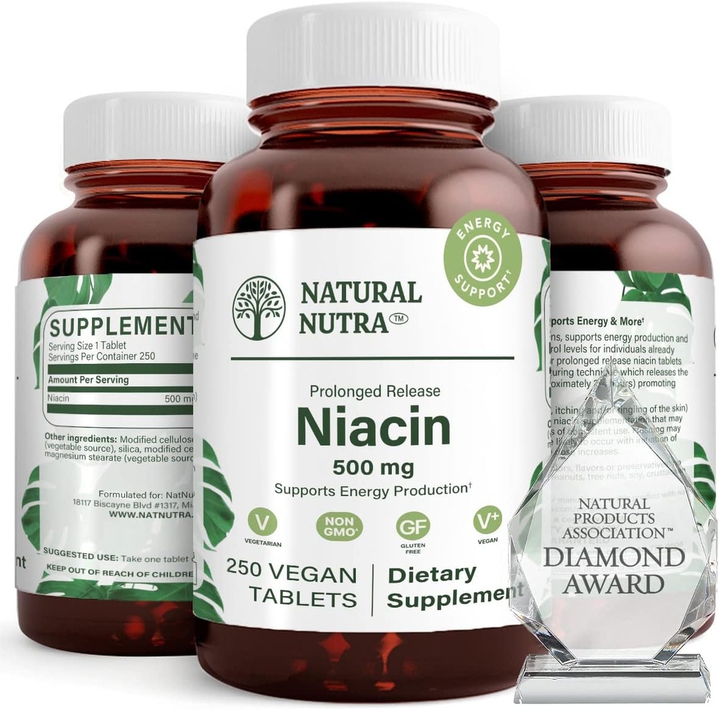 Natural Nutra Time-Release Slow Niacin 500mg (Vitamin B3), Support Healthy Cholesterol, Promotes Cardiovascular Health, Promotes Skin Cells and Improve Cognitive Function, 250 Vegan Tablets