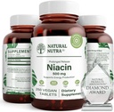 Natural Nutra Time- Release Slow Niacin 500mg (vitamin B3), Support Sund Cholesterol, Promodes Cardiovaskulær Sundhed, Promoderer hudceller og Forbedre kognitiv funktion, 250 Veganske tabletter