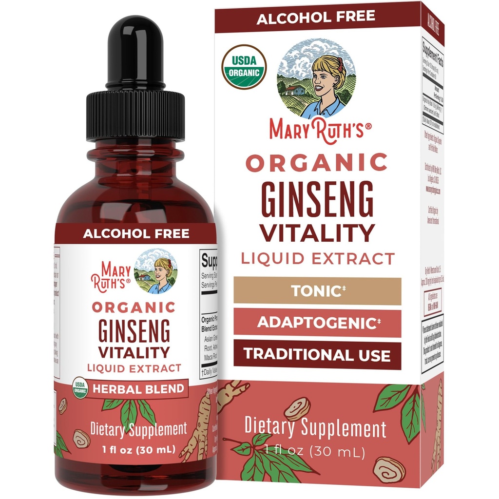 MaryRuth Organics Herbal supplement til hjernefunktion; Boost energi; 124; Memory Measures 124; Vitality USDA Measures 124; Ginseng med Ashwagandha Measures 124; Eleuthero og Maca Root Extract Measures 124; 1 Fl Oz