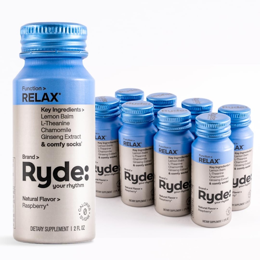 Ryde: Relax Shot Dex124; Raspberry Flavor Dex124; Lemon Balm, L- Theanine, Ginseng & Kamille Dex124; 0 Kalorier, 0 Sukker Dex124; 2 FL OZ Skud Dex124; Hjælper dig med at slappe * (8 Pack)