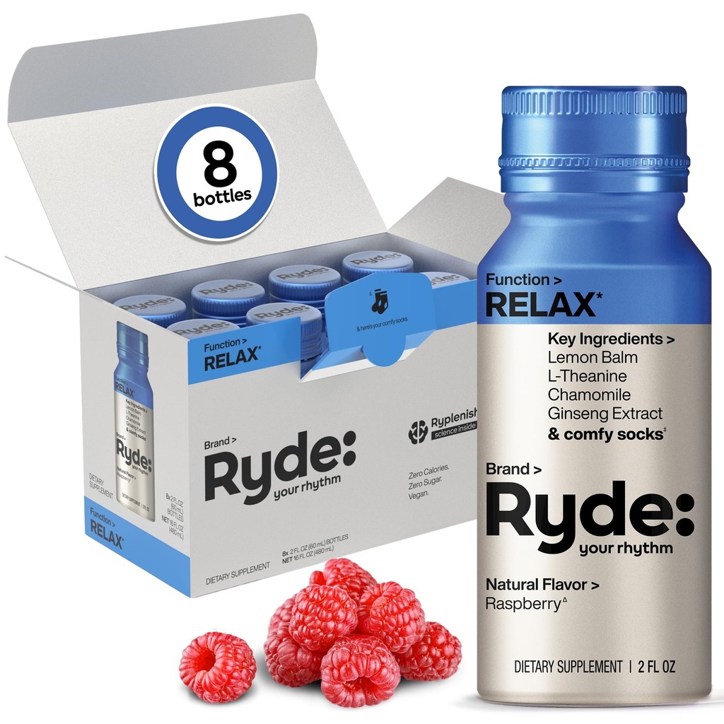 Ryde: Relax Shot Dex124; Raspberry Flavor Dex124; Lemon Balm, L- Theanine, Ginseng & Kamille Dex124; 0 Kalorier, 0 Sukker Dex124; 2 FL OZ Skud Dex124; Hjælper dig med at slappe * (8 Pack)
