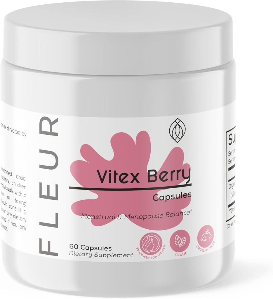 FLEUR Vitex kapsler, Vitex Chasteberry for Hormone Balance for Women, PCOS Supplement Hjælper Opretholde Progesteron niveau for menstruationscyklus support, Fertilitet & PMS Support, 500mg, 60Ct