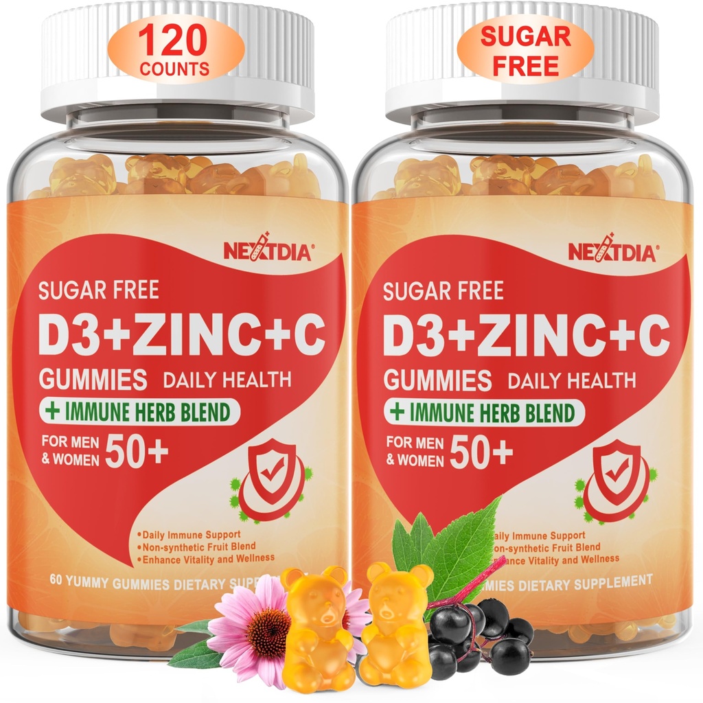 Sugar Free Vitamin C + D3 + Zinkgummier til voksne 50 +, 9 i 1 immunforsvar tillæg med D3 5000IE, Elderberry, Echinacea, Mullein Leaf for Boost Immunitet, Power Antioxidant, Vegan (pakke med 2)