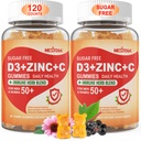 Sugar Free Vitamin C + D3 + Zinkgummier til voksne 50 +, 9 i 1 immunforsvar tillæg med D3 5000IE, Elderberry, Echinacea, Mullein Leaf for Boost Immunitet, Power Antioxidant, Vegan (pakke med 2)