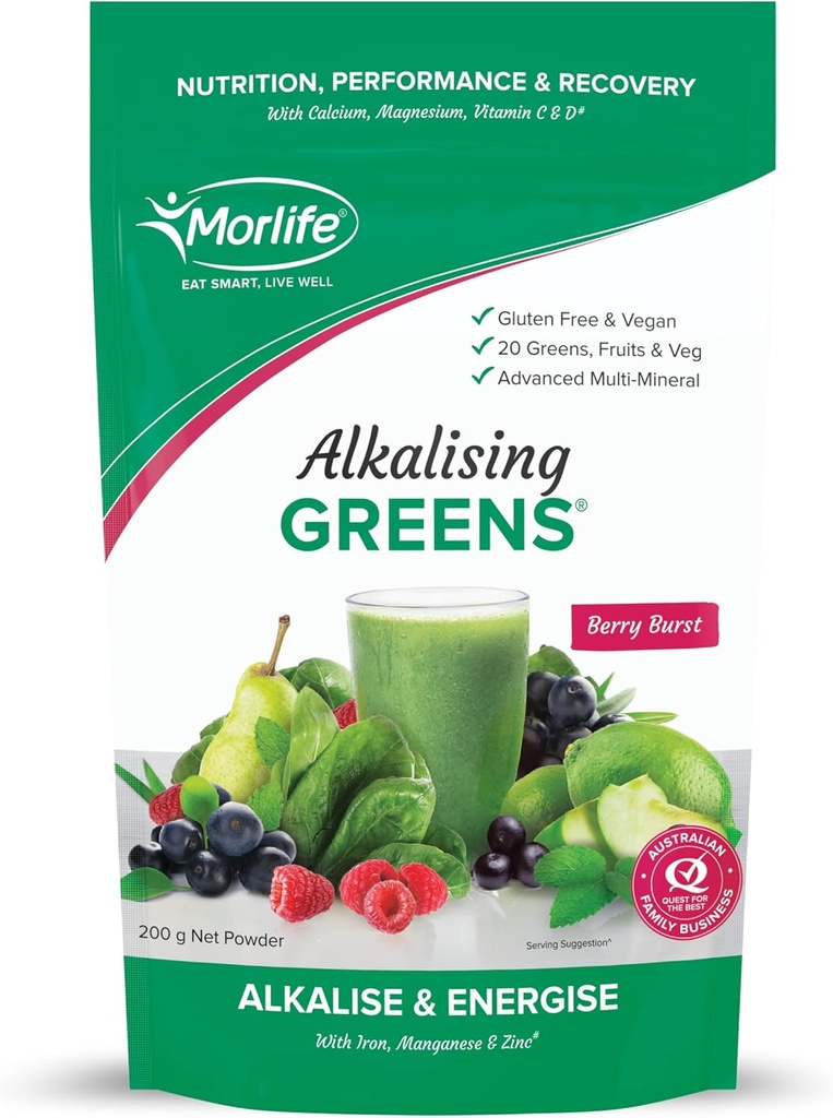Morlife Alkalising Greens Powder Supplement, Berry Burst, 20 Super Greens, Fruits and Vegetables, Pre & Probiotics, Key Alkalizing Minerals, Vegetarian Superfood Formula, 7 oz, 20 Servings