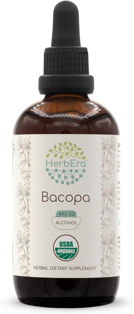 HerbEra Bacopa A120 USDA Organic Tincture Yep 124; Alkohol Extract, High- Potency Herbal Drops, Afslapning, Positive Kognitive Effect Yep 124; Certified Organic Bacopa (Bacopa Monnieri) Tørret Herb (4 fl oz)