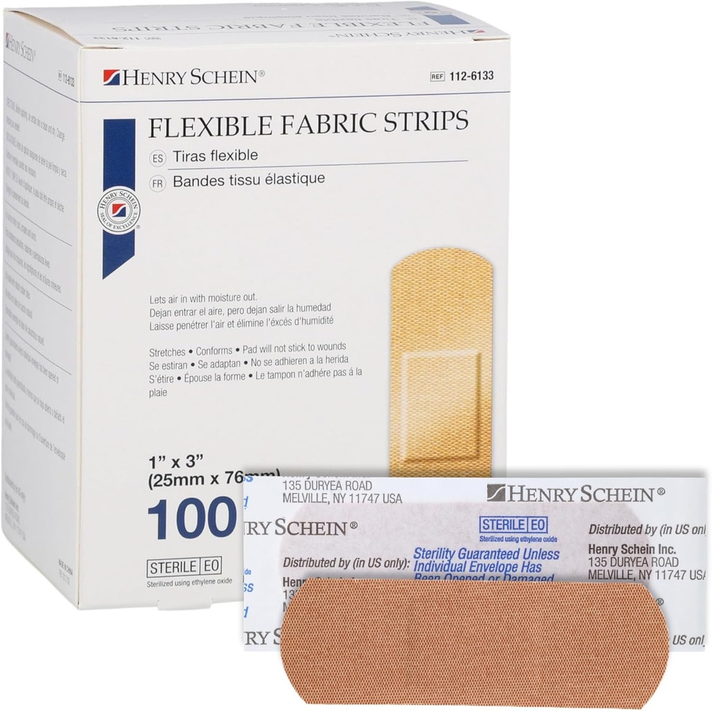 Henry Schein Steril Adhesive Fabric Bandages, 1 "x 3" - Box med 100 Fleksible, Breathable Strips - Soft, Strækbar Sårbetræk til førstehjælp, medicinsk brug, klinikker & nødspark