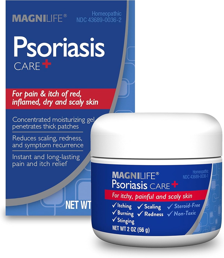 MagniLife Psoriasis Care +, Natural Itch and Pain Relief, Moisturization Hjælper med at reducere rødme, skalering og flagning på Body & Scalp - Undufted, Non- Toxic - 2oz