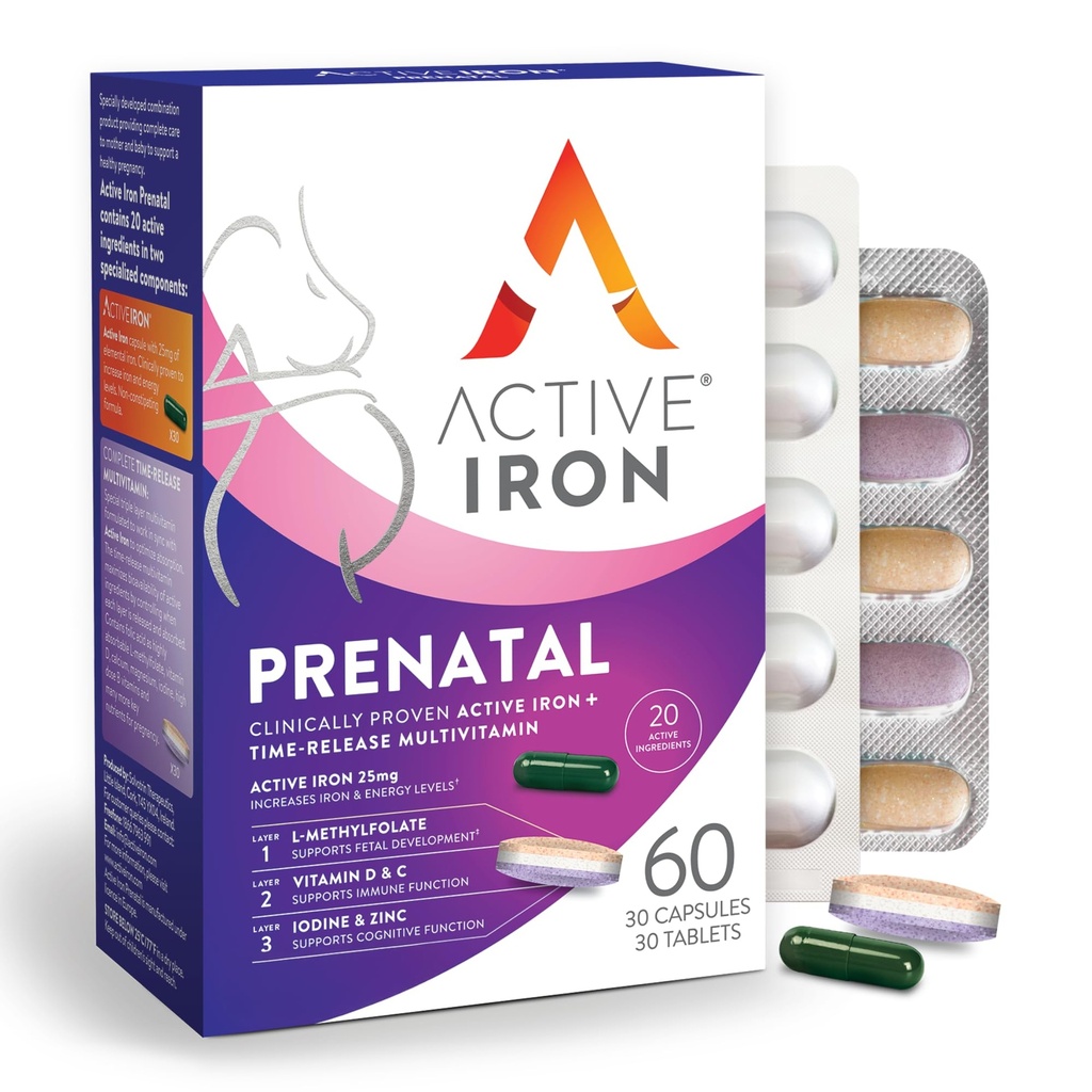 Active Iron Prenatal, Iron Supplement + Prenatal Vitamin til kvinder, 30 Non- Forstoppende kapsler + 30 Time- Release Multivitaminer, Graviditet, Amning & Postpartum Essentials