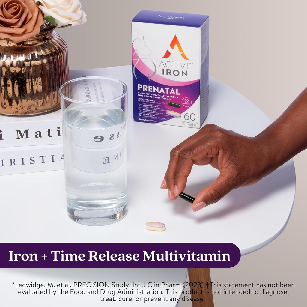 Active Iron Prenatal, Iron Supplement + Prenatal Vitamins for Women, 30 Non-Constipating Capsules + 30 Time-Release Multivitamins, Pregnancy, Breastfeeding & Postpartum Essentials