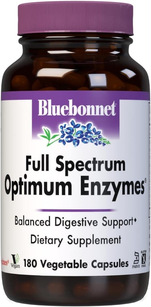 BlueBonnet Fuld Spectrum Optimum fordøjelsesenzymer - 9 Plantebaserede proteolytiske enzymer - Papaya, Bromelain, Amylase Gut Sundhed for kvinder & mænd - Vegan & Gluten- Free - 180 Vegetabilske kapsler