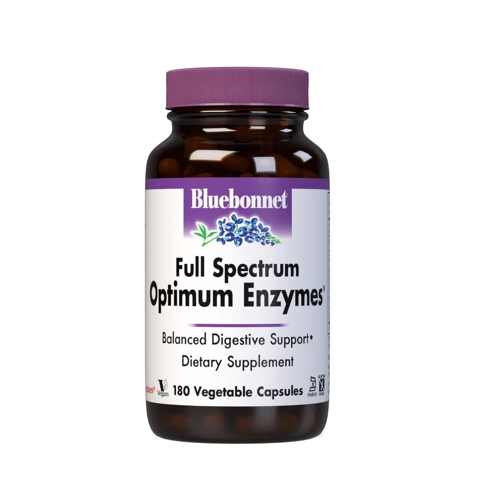 BlueBonnet Fuld Spectrum Optimum fordøjelsesenzymer - 9 Plantebaserede proteolytiske enzymer - Papaya, Bromelain, Amylase Gut Sundhed for kvinder & mænd - Vegan & Gluten- Free - 180 Vegetabilske kapsler
