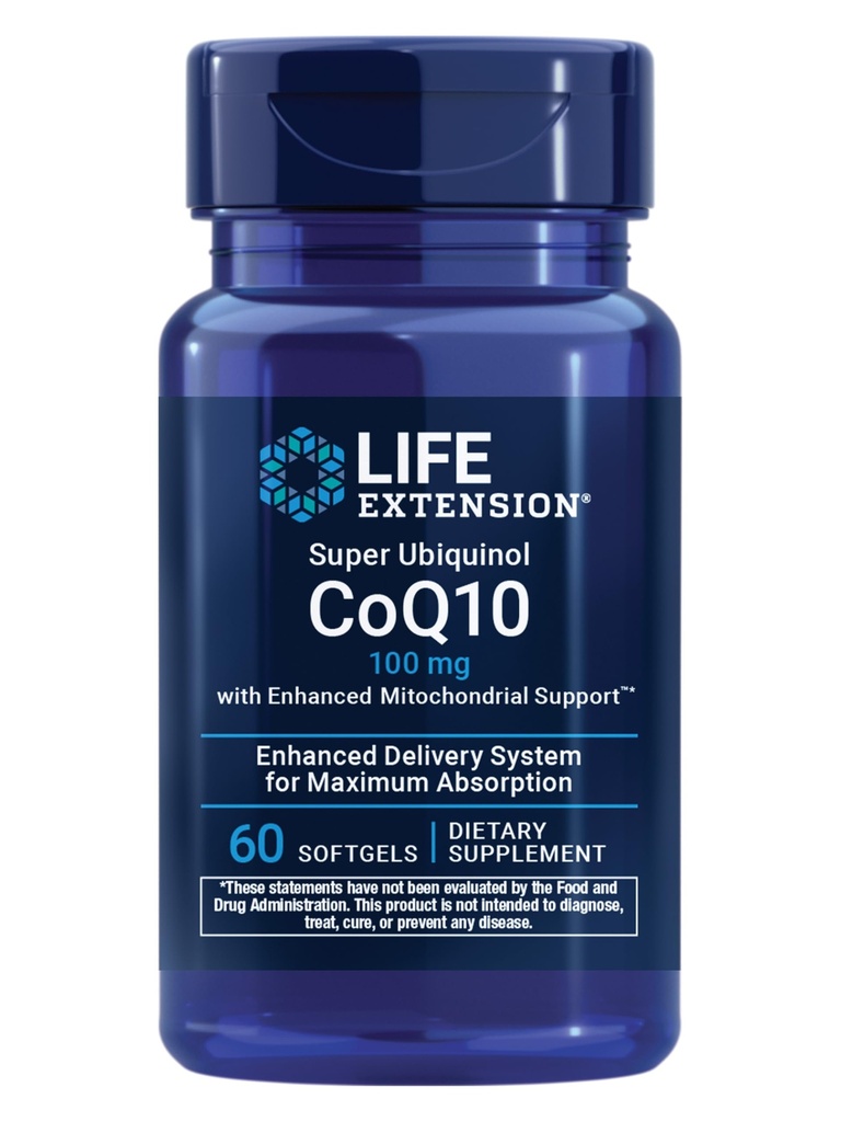 Life Extension Super Ubiquinol CoQ10 med forbedret Mitokondriel Support, Potent Heart Health & Cellular Energy Production Support, Ultra- absorberbar, Gluten- Free, Non- GMO, 100 mg, 60 softels