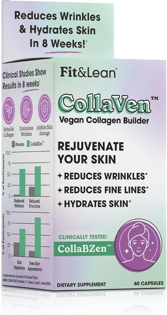 Fit & Lean CollaVen Vegan Builder, Klinisk Proven, Vegan, Plantbaserede Collagen med C-vitamin til Youthly & Hydrated Skin, Reducerer Wrinkles, øger Collagen produktion, 60 Veganske kapsler