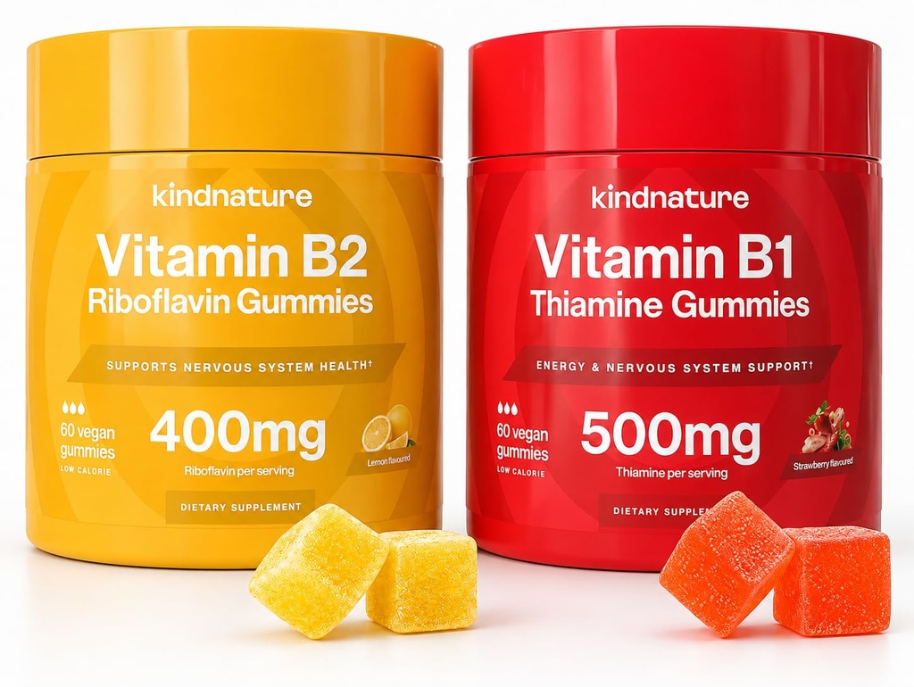 kindnature B- Vitamin Boost: B1 Thiamin 500mg & B2 Riboflavin 400mg Gummy Duo til børn og voksne