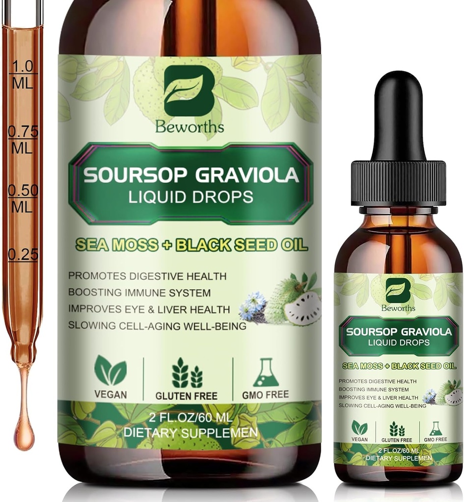 Soursop Bitters Liquid Drops, Soursop Graviola Leaf Extract Multivitamin Drops med Sea Moss Black Seed Oil Supplement - Understøtter Antioxidant, Svævende Cell- Aging, Gut Cleanse, Detox & Immunity Sundhed