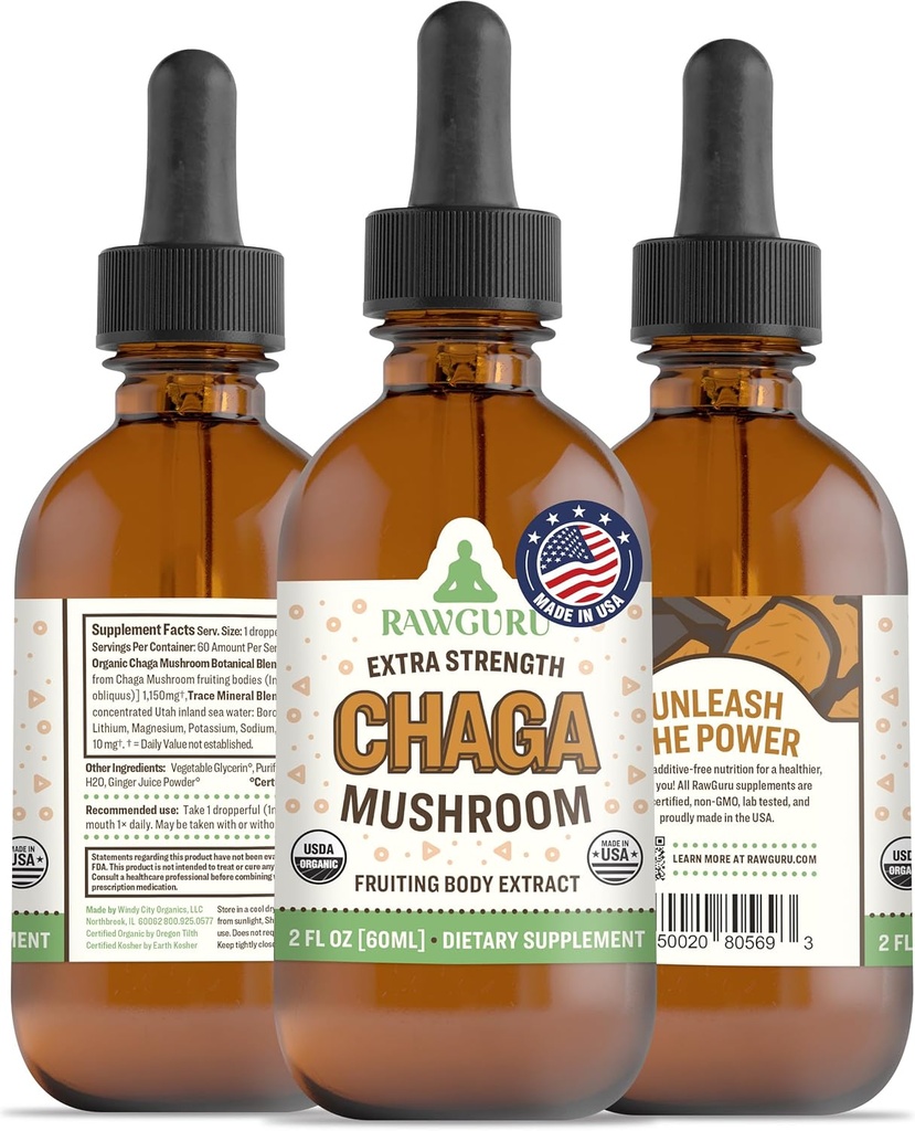 RawGuru Chaga Mushroom Supplement - Vegan Chaga Mushroom Uddrag med Trace Minerals - Nano- Forarbejdede Immunitet Boost & Kognitiv Supplement Tincture - 60 Serveringer af Vegan Drops pr 60 ml, Pack af 1