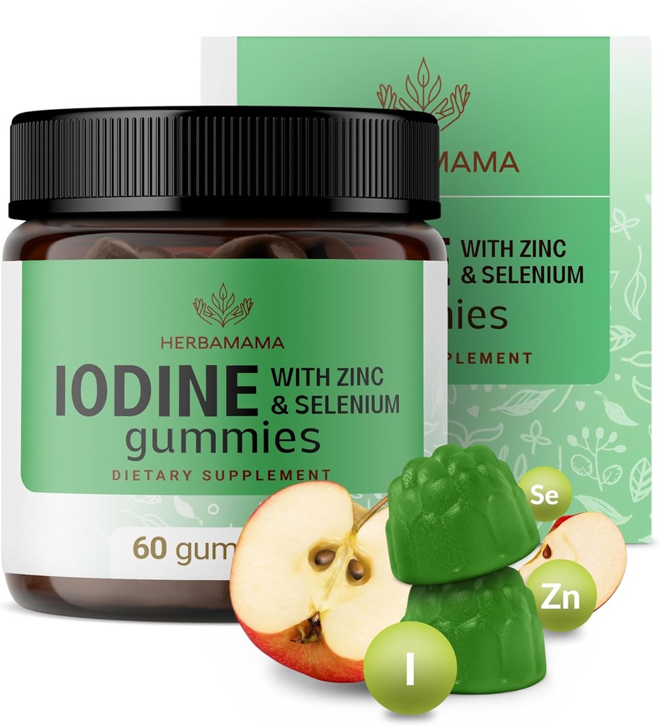 HERBAMAMA Jod Gummies - Kaliumjod, Zink & Selenium til immunforsvar og hjernestøtte - Vegan, non-GMO immunstøtte supplement - 60 pectin- baserede apple- smag tygger