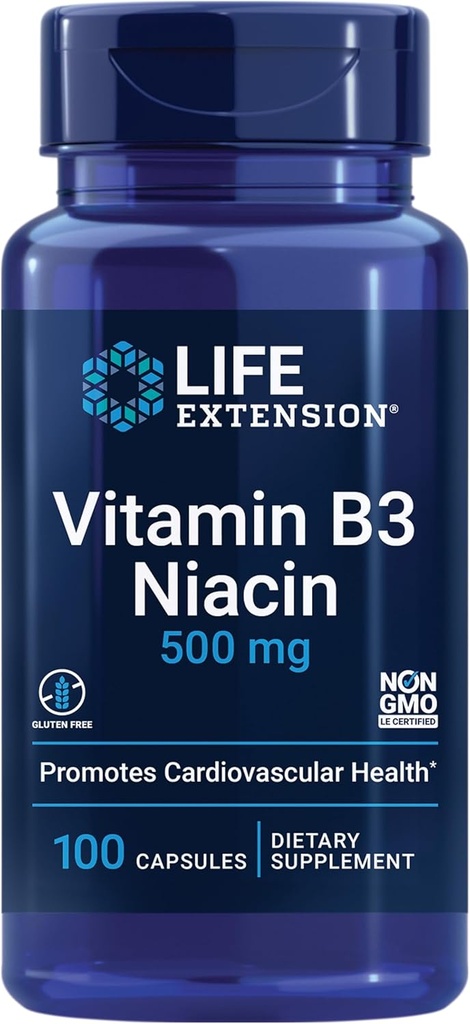 Life Extension Vitamin B3 Niacin, Heart Health, Cholesterol & Energy Support, Gluten- Free, Non- GMO, 100 kapsler