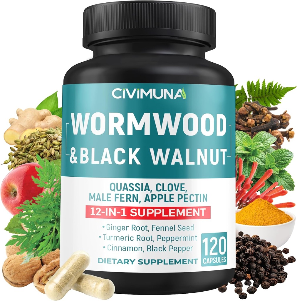 Wormwood Extract Capsules -120 Capsules - 4 Months Supply with Black Walnut Leaves, Quassia