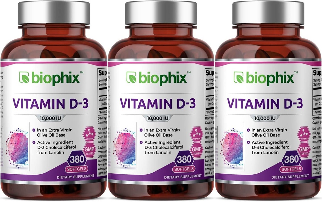 biophix vitamin D-3 10000 IE 380 Softgels 3 Pack - High- potency in Extra Virgin Olive Oil Non- GMO Soy- Free Supports Strong Bones Immun Health